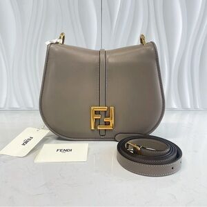 Fendi Grey Leather Saddle Crossbody Bag with FF Logo Hardware